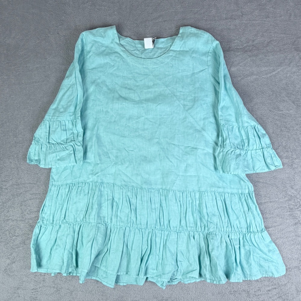 Match Point Linen Tunic Top XL Aqua Blue‎ Tiered Ruffle Boho HLT599 Made in USA